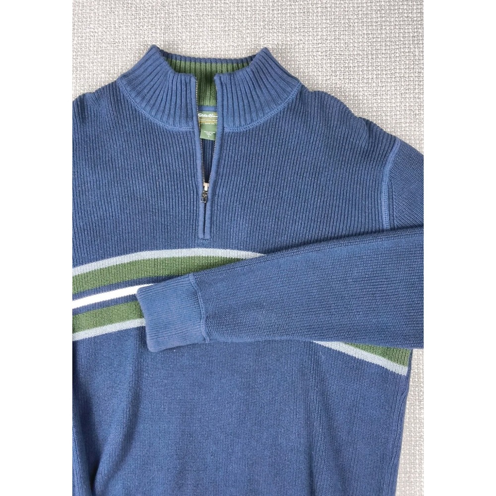 Eddie Bauer Mens Quarter Zip Sweater Navy Blue Ribbed Knit Striped Chest Large